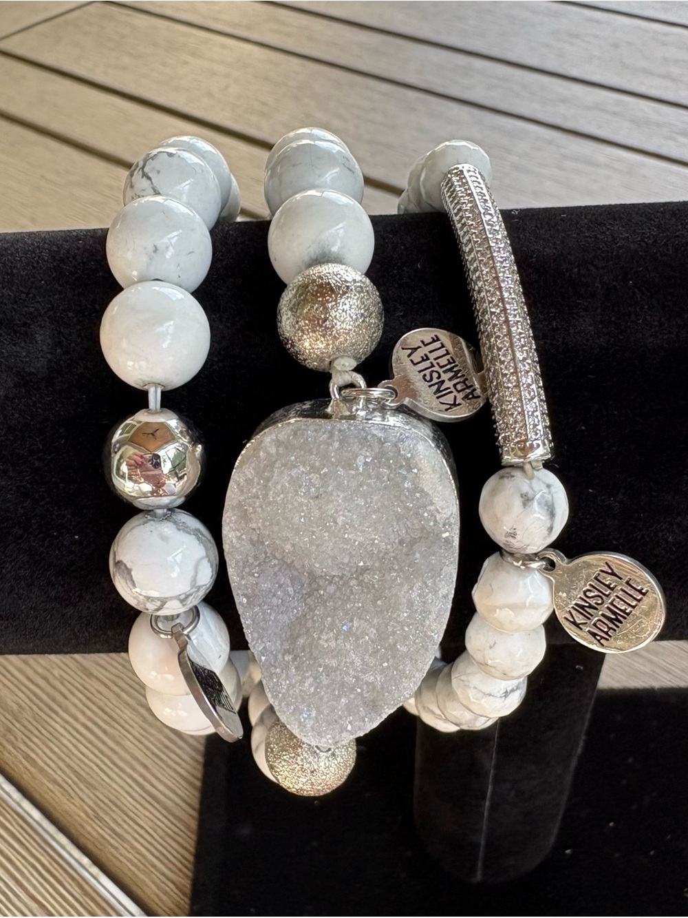 Kinsley Armelle White Howlite Druzy Quartz Silver Beaded Bracelet Trio Stack Set